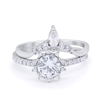 14K White Gold Two Piece Art Deco Bridal Set Ring Band Round Engagement Piece Simulated CZ Size-7